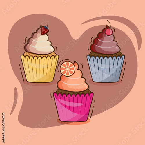 cupcakes with orange, cherry and strawberry