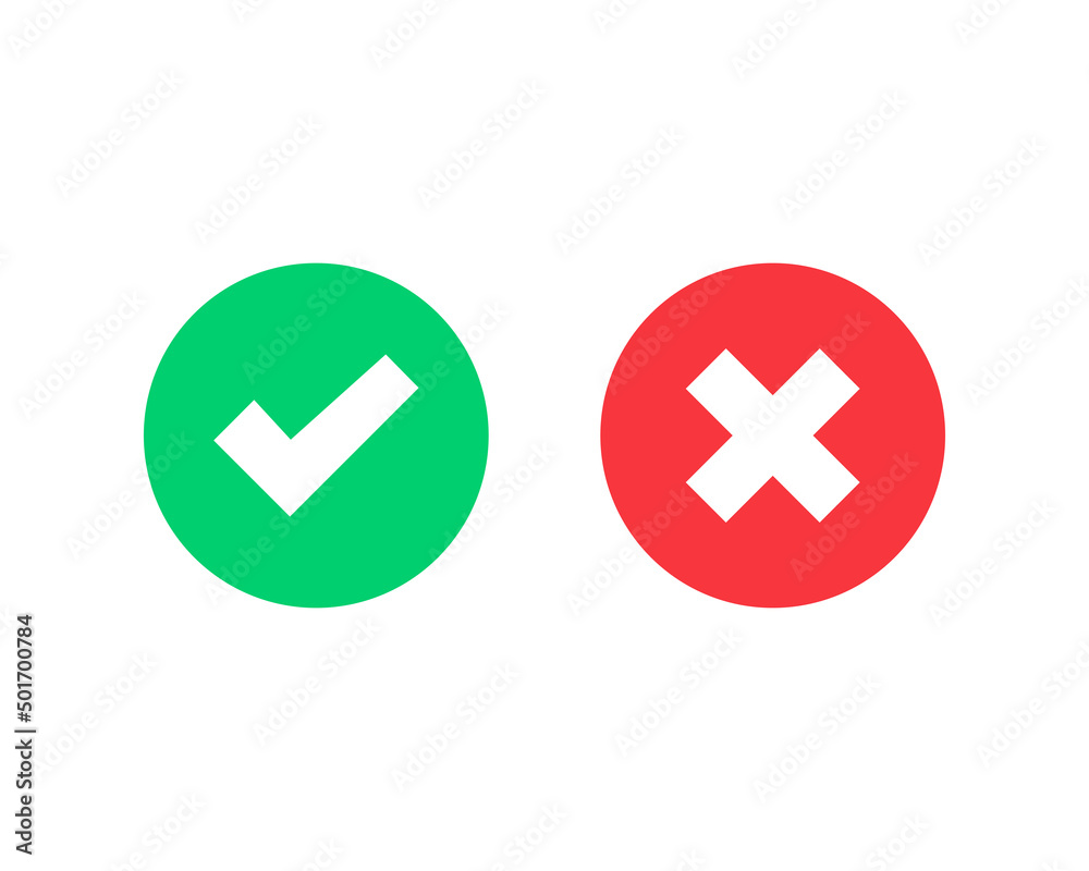 Tick and cross symbol. Green checkmark OK and red X icons isolated on white background. Vector illustration EPS 10 Tick and cross symbol. Green checkmark OK and red X icons isolated on white background. Vector illustration EPS 10
