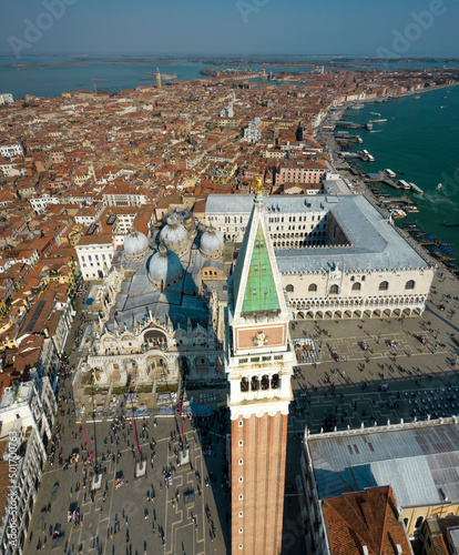 Aerial view of St Mark's square and city centre, Venice, Veneto, Italy, Europe.