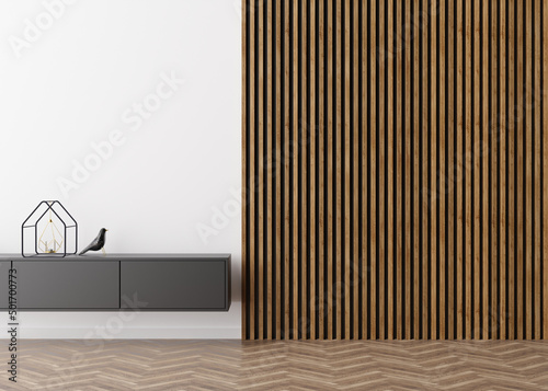 Empty room  white wall with wooden planks and parquet floor. Only wall  floor and sideboard. Mock up interior. Free  copy space for your furniture  picture and other objects. 3D rendering.