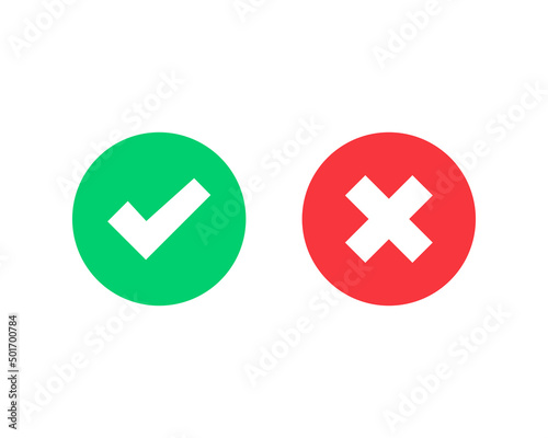 Tick and cross symbol. Green checkmark OK and red X icons isolated on white background. Vector illustration EPS 10