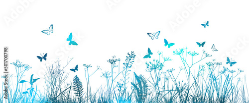 blue grass with butterflies. Vector illustration. Abstract colorful floral vector background