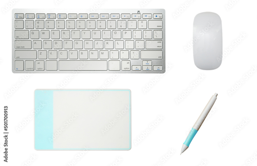 graphic tablet pen mouse and keyboard siolated on white top view. graphic tablet pen mouse and keyboard siolated on white top view.