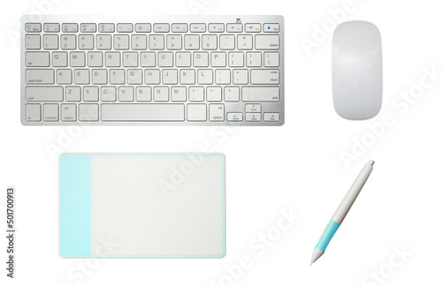graphic tablet pen mouse and keyboard siolated on white top view.