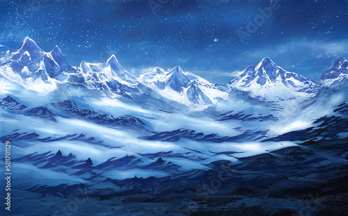 Fantastic Winter Epic Magical Landscape of Mountains. Celtic Medieval forest. Frozen nature. Glacier in the mountains. Mystic Night Valley. Artwork sketch. Gaming background. Book Cover and Poster.  © Abstract51