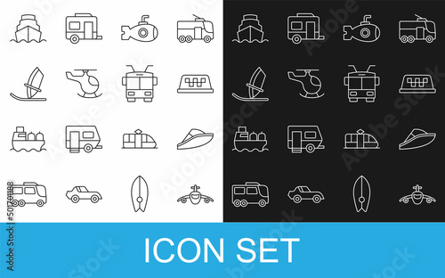 Set line Plane, Speedboat, Taxi car roof, Submarine, Helicopter, Windsurfing, Cruise ship and Trolleybus icon. Vector