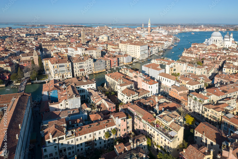 Aerial view of Grand Canal, Sestiere Dorudoro and Sestiere San Marco, Venice, Veneto, Italy, Europe.