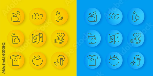 Set line Vegan shirt, Fresh smoothie, Vegetarian food menu, Genetically modified chicken, Steak meat, Apple cider vinegar in bottle, Eggplant and Chicken egg icon. Vector