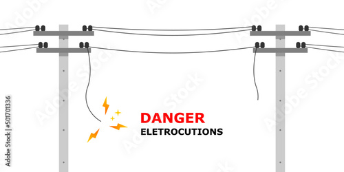 Broken electric wire of high voltage pole is damaged and short circuit spark cause danger electrocution risk on white background flat vector design.