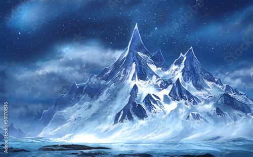 Fantastic Winter Epic Magical Landscape of Mountains. Celtic Medieval forest. Frozen nature. Glacier in the mountains. Mystic Night Valley. Artwork sketch. Gaming background. Book Cover and Poster.  © Abstract51