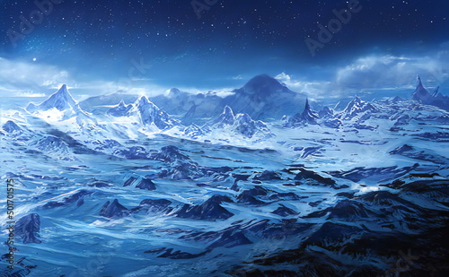 Fototapeta Naklejka Na Ścianę i Meble -  Fantastic Winter Epic Magical Landscape of Mountains. Celtic Medieval forest. Frozen nature. Glacier in the mountains. Mystic Night Valley. Artwork sketch. Gaming background. Book Cover and Poster. 