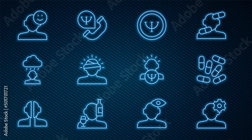 Set line Solution problem in psychology, Medicine pill or tablet, Psychology, Concussion, headache, Depression and frustration, Good mood, and Online psychological counseling icon. Vector