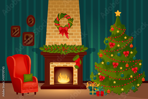 Fireplace with fire, spruce and armchair Christmas