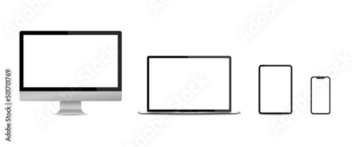 Devices Blank screen set of computer laptop tablet pc and smartphone isolated. Vector illustration EPS 10