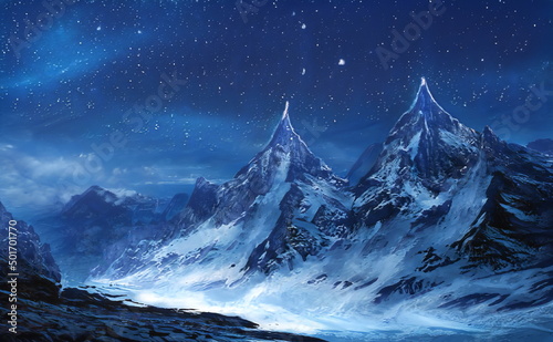 Fantastic Winter Epic Magical Landscape of Mountains. Celtic Medieval forest. Frozen nature. Glacier in the mountains. Mystic Night Valley. Artwork sketch. Gaming background. Book Cover and Poster. © Abstract51
