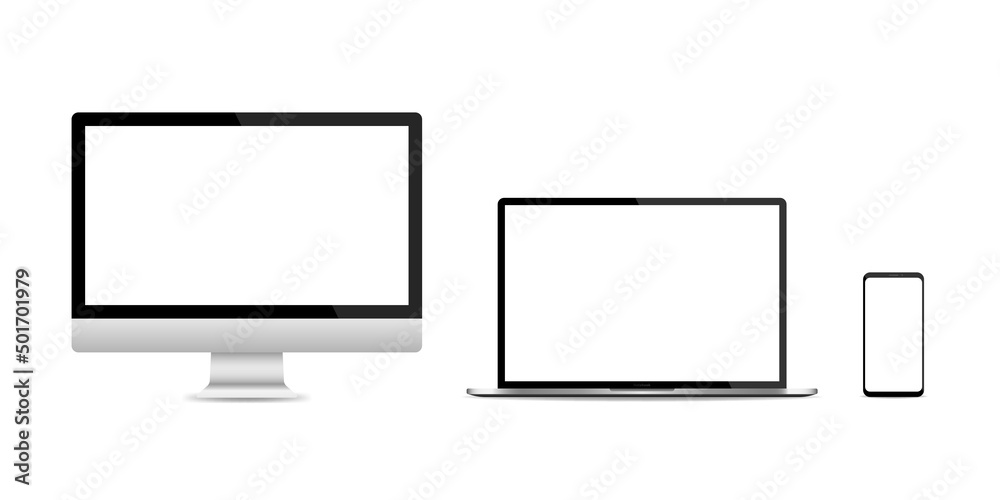 Realistic set of PC monitor, laptop and smartphone isolated on white background. Vector illustration EPS 10 Realistic set of PC monitor, laptop and smartphone isolated on white background. Vector illustration EPS 10