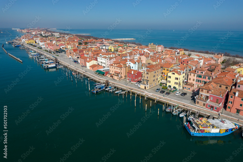 Aerial view of Isola di Pellestrina, Venice, Veneto, Italy, Europe.