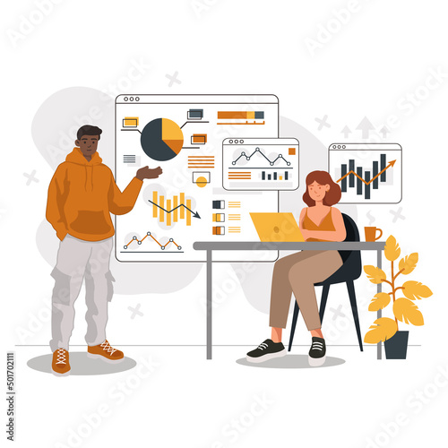 Modern business style vector illustration isolated on white background. Communication technology corporate. Banner of business strategy. Innovation technology of teamwork. Business people character.