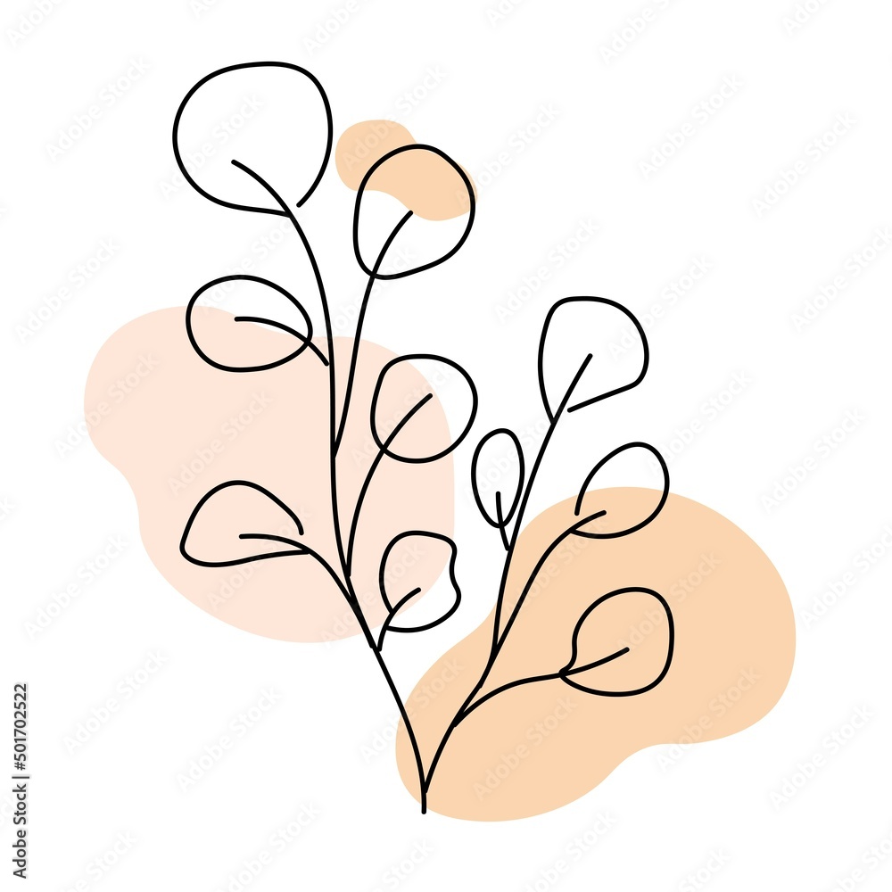 Two abstract eucalyptus branch drawn in line style. Vector minimalistic poster