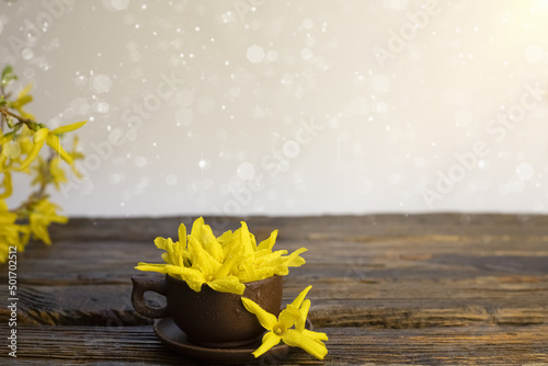 Forsythia flowers in a clay cup on a wooden table and a light background with highlights and blurry lights.