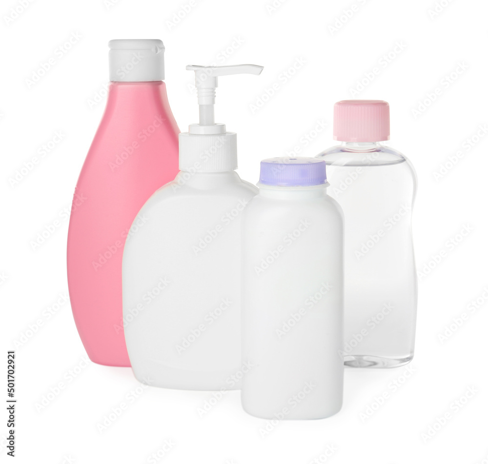 Set of baby cosmetic products on white background Set of baby cosmetic products on white background