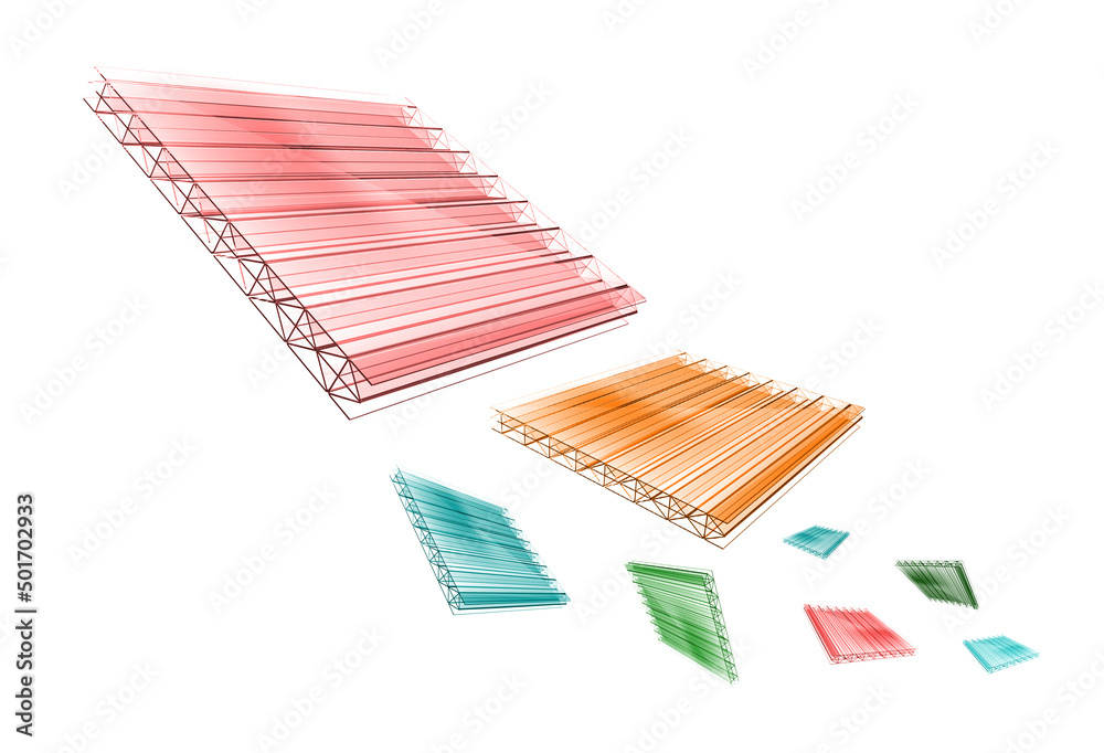 Colored sheets of honeycomb polycarbonate fly on a white background. 3D illustration Colored sheets of honeycomb polycarbonate fly on a white background. 3D illustration
