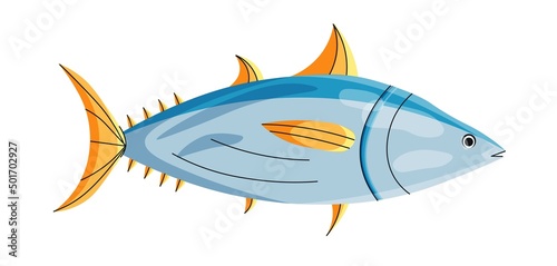 Yellowfin tuna fish in cartoon style. Underwater life