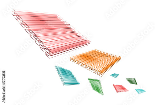 Colored sheets of honeycomb polycarbonate fly on a white background. 3D illustration