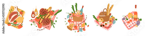 Picnic basket set. Picnic food illustration. Barbeque grilled sausages, wine, vegetable. Outdoor leisure. Summer picnic garden picnic baskets with food isolated elenments. Cartoon vector illustration.