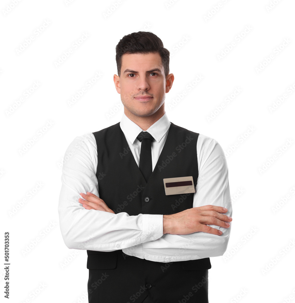 Portrait of happy receptionist in uniform on white background Portrait of happy receptionist in uniform on white background