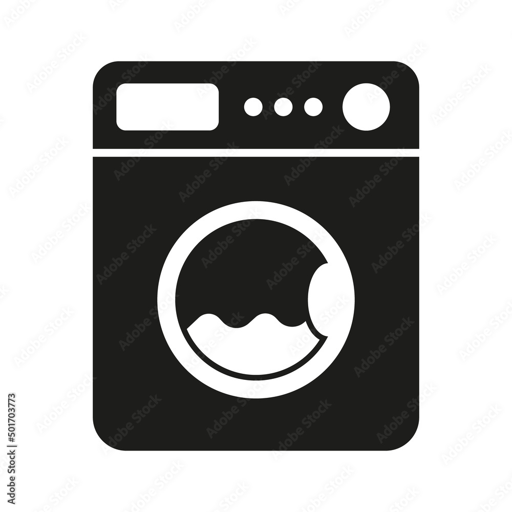 Washing machine with front door. Isolated web icon. Logo design. Flat vector illustration in black and white. Washing machine with front door. Isolated web icon. Logo design. Flat vector illustration in black and white.