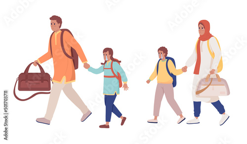 Family running away from bombing and shelling semi flat color vector characters. Sad figures. Full body people on white. Simple cartoon style illustration for web graphic design and animation