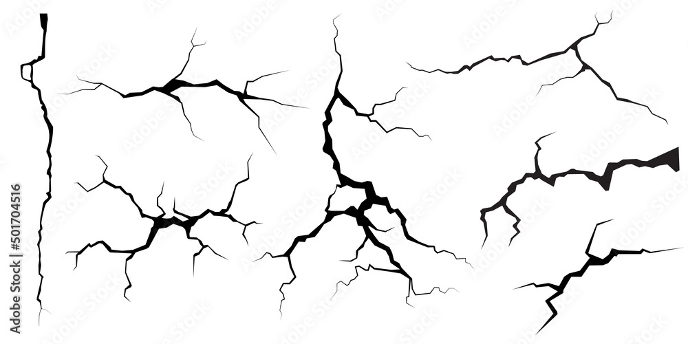 Surface cracks and fissures in ground, concrete, crevices from disaster top view. Breaks on land surface from earthquake isolated on white background. Broken ground, wall, glass pattern effect. Damage