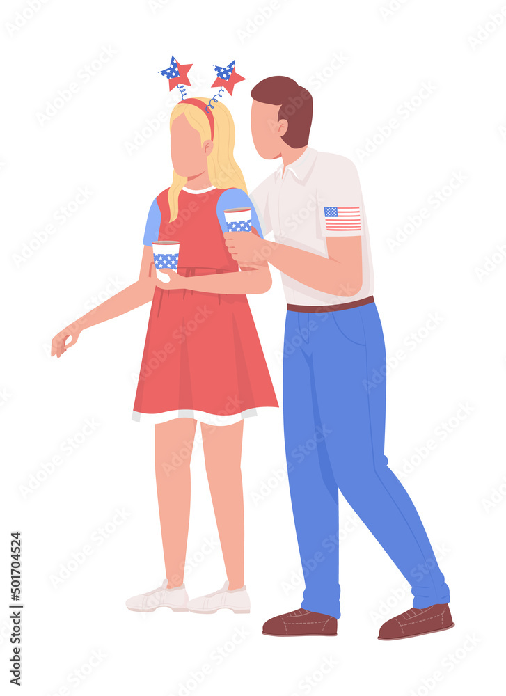 Man with girlfriend at Independence day semi flat color vector characters. Standing figures. Full body people on white. Holiday simple cartoon style illustration for web graphic design and animation