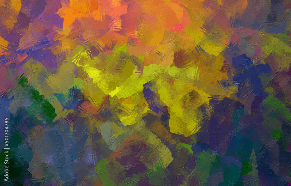 Abstract background of bright multi-colored brushstrokes in oil on canvas.
