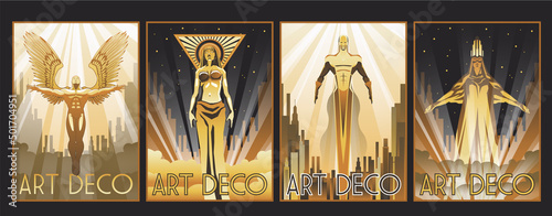 Art Deco Golden Vintage Figures Posters Set. 1920s Modern Style Sculptures Illustrations