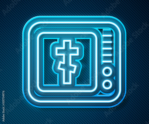 Glowing neon line Online church pastor preaching video streaming icon isolated on blue background. Online church of Jesus Christ. Vector
