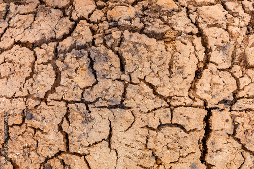 The texture of dry cracked clay soil. Red dried clay. Drought and environmental problems