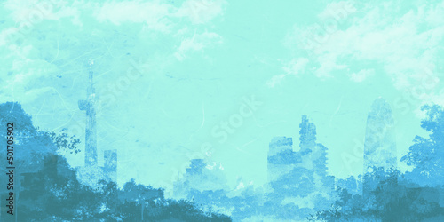 木々の向こうに都会の街並みと青空と雲の見える和紙テクスチャ背景イラスト（ブルー）