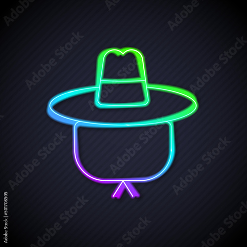Glowing neon line Camping hat icon isolated on black background. Beach hat panama. Explorer travelers hat for hunting, hiking, tourism. Vector