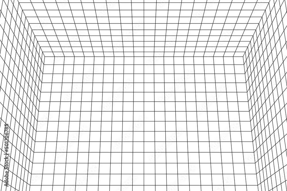 3D digital white and black three points perspective grid room. Empty indoor studio frame blueprint. Virtual three dimension scene. Easy guide vector architecture template
