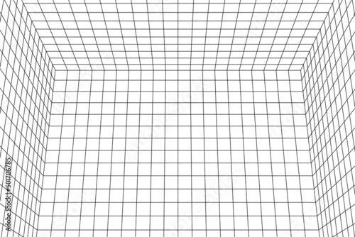 3D digital white and black three points perspective grid room. Empty indoor studio frame blueprint. Virtual three dimension scene. Easy guide vector architecture template