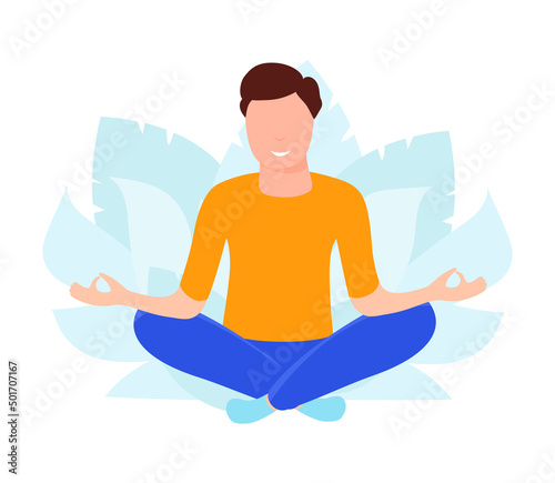 Vector illustration with man doing physical activity. Fitness, yoga studio illustration isolated on white background. Healthy lifestyle, meditation at home concept.