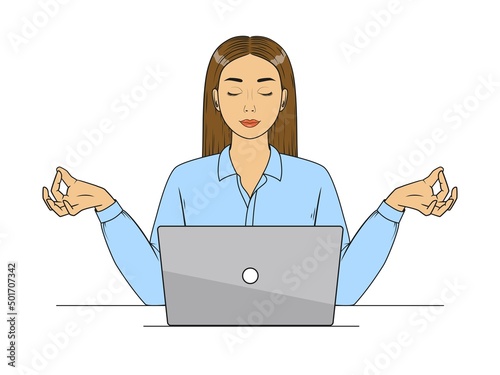 Woman meditating in front of a laptop in office clothes with her eyes closed. Vector illustration in comic style isolated on white background