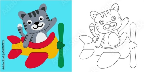 Cute cat flying on a plane, suitable for children's coloring page vector illustration