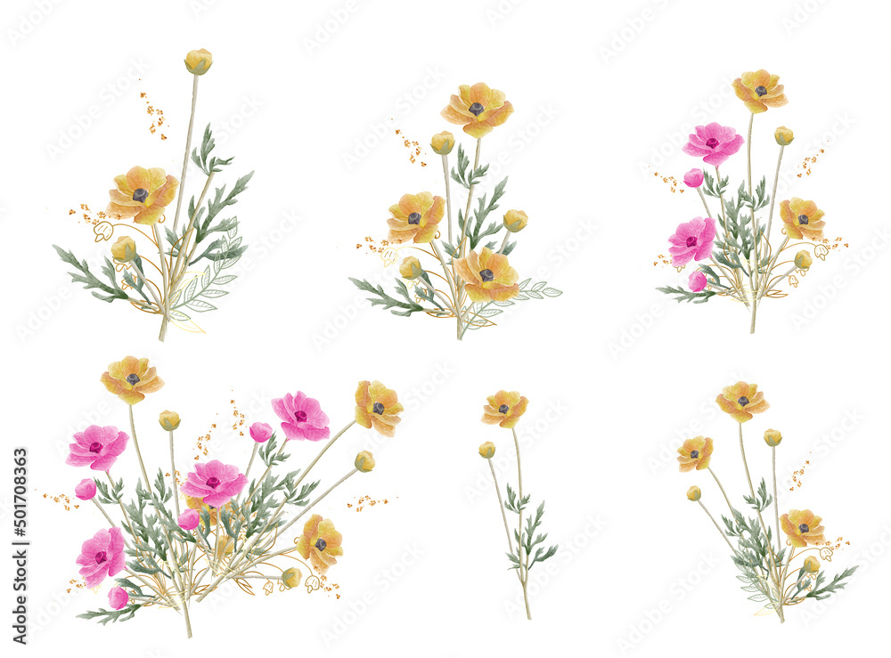 Obraz premium Set of Watercolor pink floral arrangement bouquet hand draw collection. invitation save the date card design. botanical vector illustration.