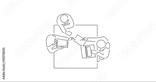 Teamwork using technology in line art animation. Footage of a group of business people working. Black linear video on white background. Animated gif illustration design. photo