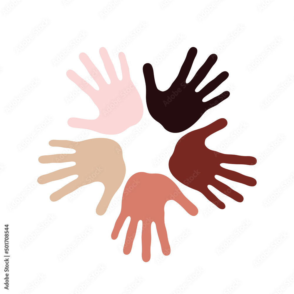 Hand prints different tone skin in circle. Symbol racial equality and diversity. Partnership and mutual assistance concept. International day of tolerance. Vector illustration - obrazy, fototapety, plakaty 