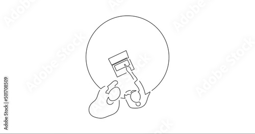 Teamwork using technology in line art animation. Footage of a group of business people working. Black linear video on white background. Animated gif illustration design.