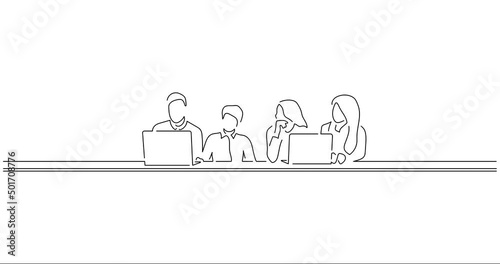 Teamwork using technology in line art animation. Footage of a group of business people working. Black linear video on white background. Animated gif illustration design.